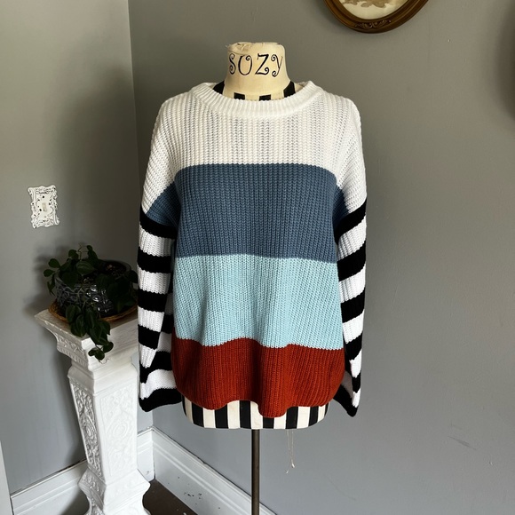 Adele B color block sweater with striped sleeves medium - Picture 1 of 9